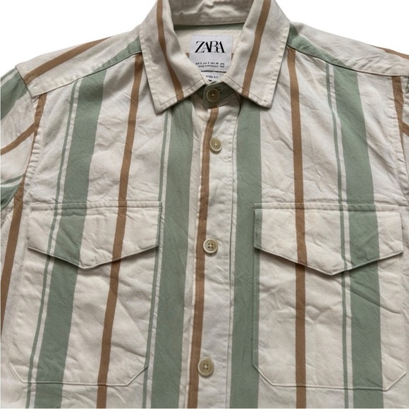 Zara Men's Casual Striped Shirt in Green and Tan - Picture 3 of 5